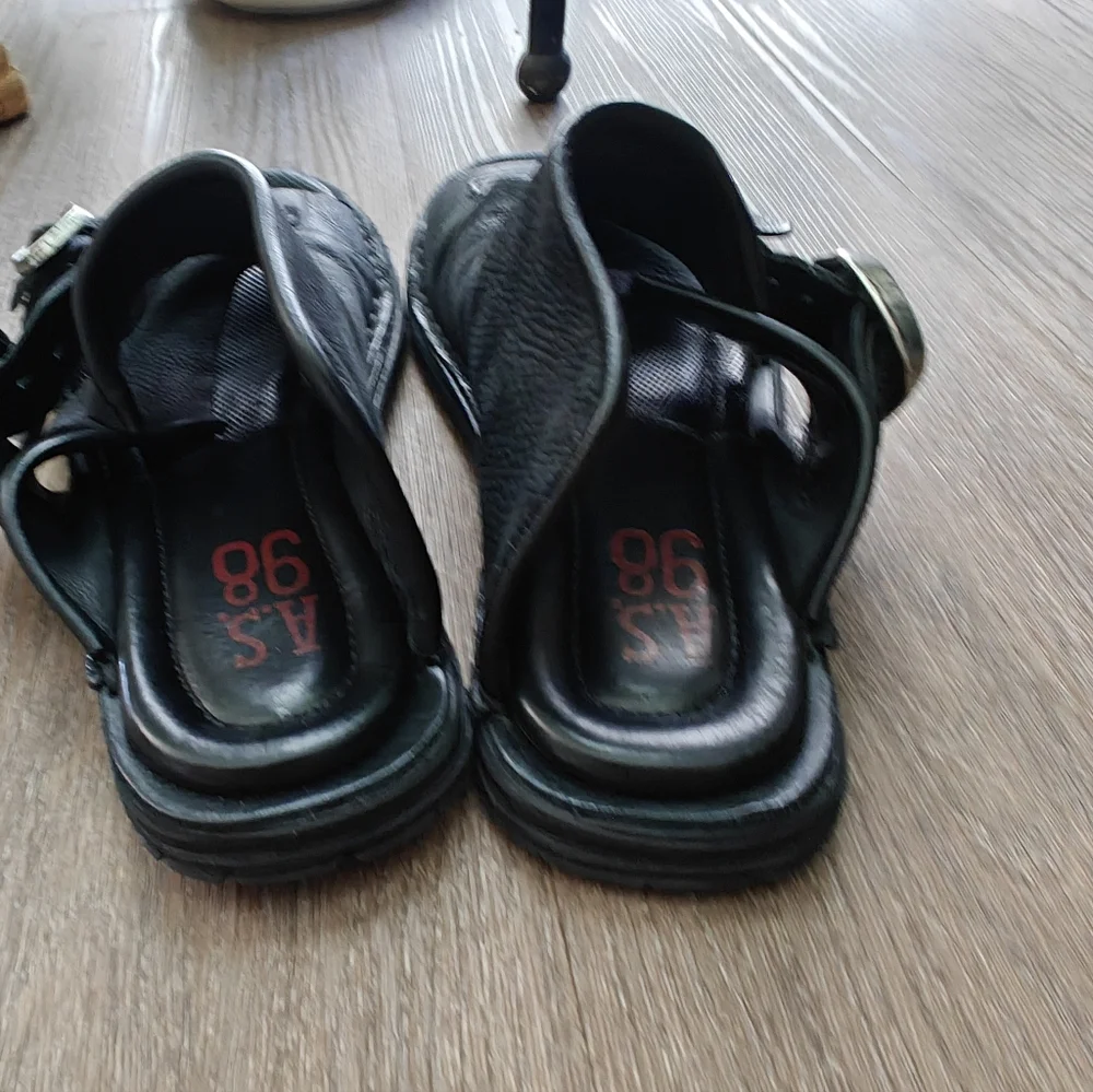 A.S. 98 Tavon Sandals - Black Leather Slide Sandals with Buckle Straps - Picture 4 of 6